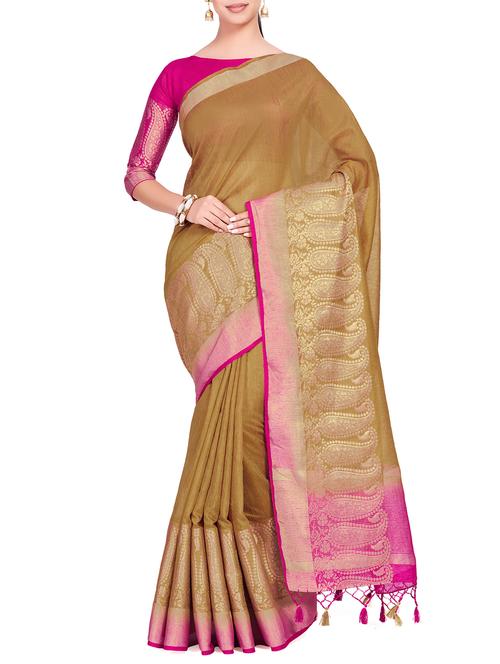 paisley border linen woven saree with blouse - 15625560 - Very Small Image - 1