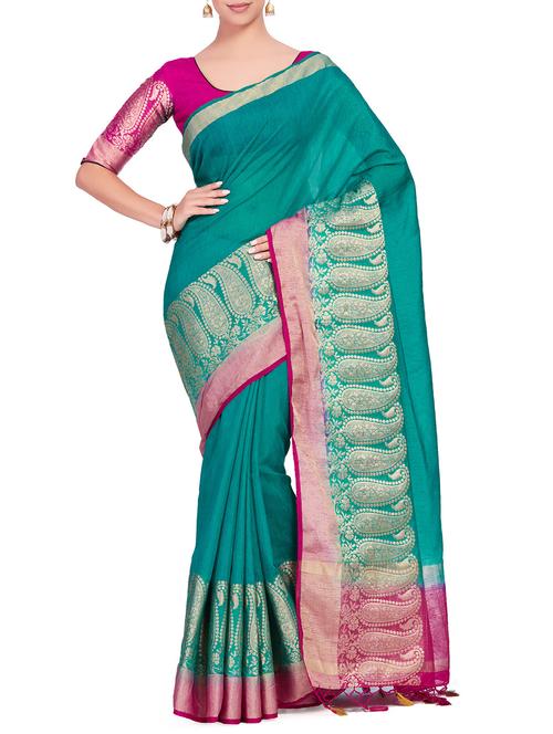 paisley border linen woven saree with blouse - 15625561 - Very Small Image - 1