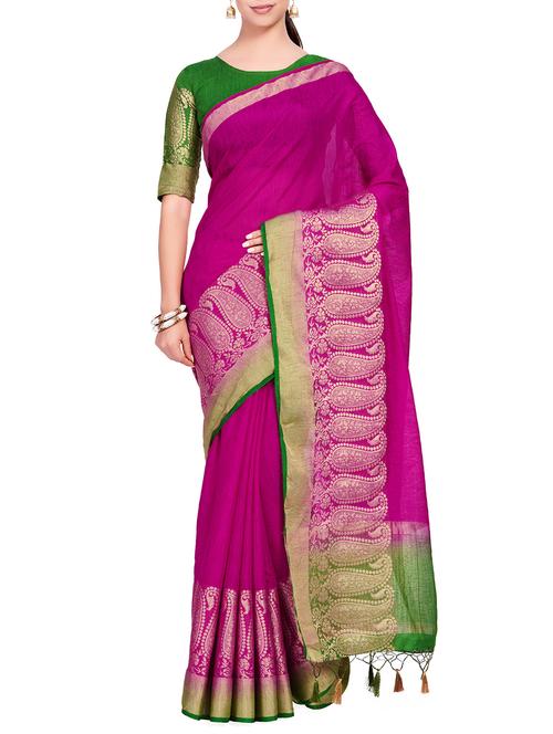 paisley border linen woven saree with blouse - 15625562 - Very Small Image - 1