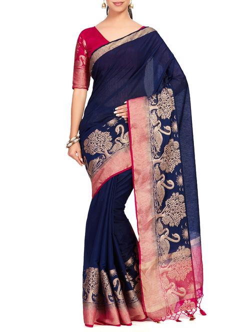 conversational border linen woven saree with blouse - 15625566 - Very Small Image - 1