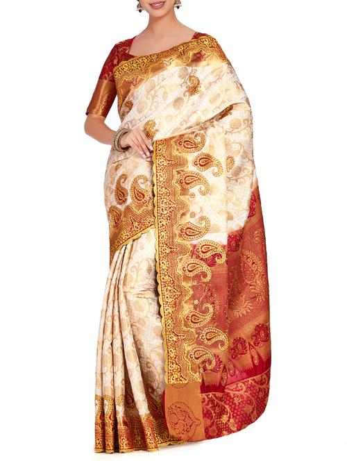 paisley embroidered kanjivaram saree with blouse - 15625620 - Very Small Image - 1