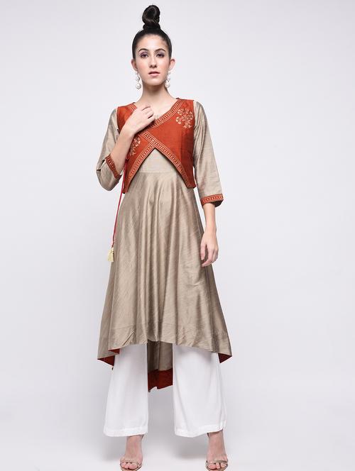 silk  high low foil print kurta with jacket - 15630795 - Very Small Image - 1