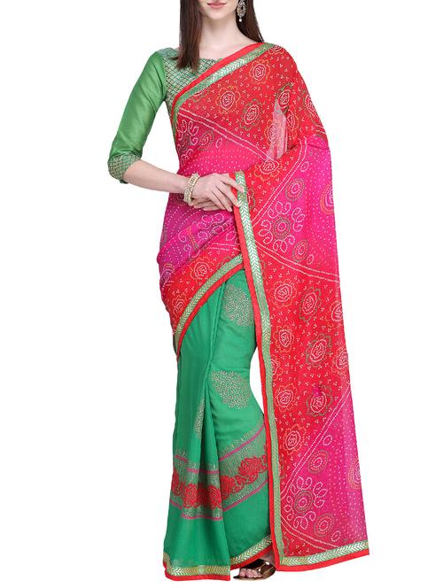 foil printed half & half bandhani saree with blouse - 15630921 - Very Small Image - 1