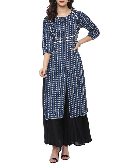 indigo straight slit printed kurta - 15632199 - Very Small Image - 1