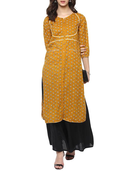 mustard straight slit printed kurta - 15632201 - Very Small Image - 1