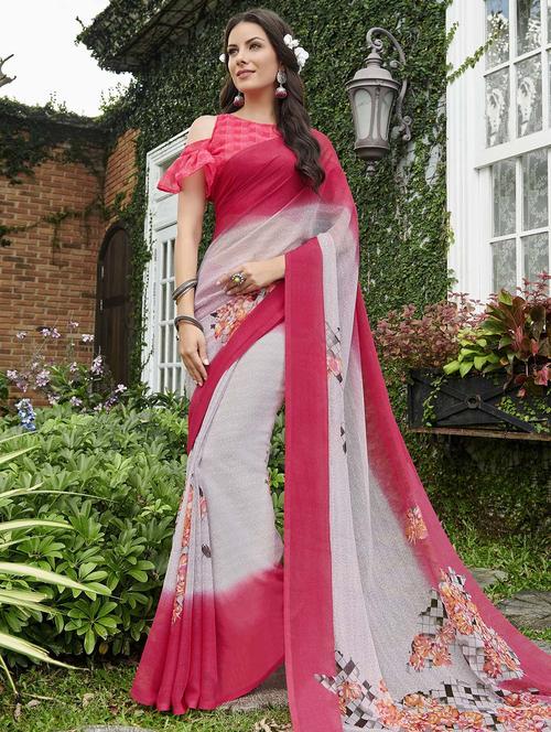 contrast bordered printed saree with blouse - 15640125 - Very Small Image - 1