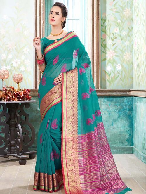zari bordered embroidered saree with blouse - 15640144 - Very Small Image - 1