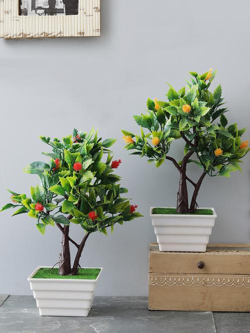 combo of 2 twin trunked bonsai trees with green shemrock leaves with red orange cone shape flowers - 15640336 - Very Small Image - 1