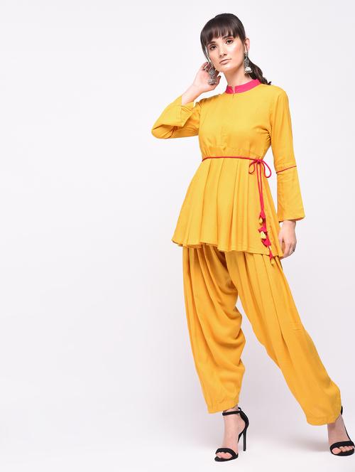 tassels drawstring soild kurti with salwar set - 15642074 - Very Small Image - 1