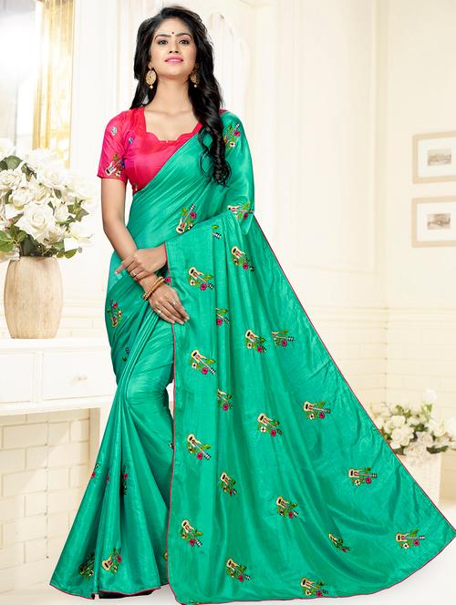 floral turquoise embroidered saree with blouse - 15644421 - Very Small Image - 1