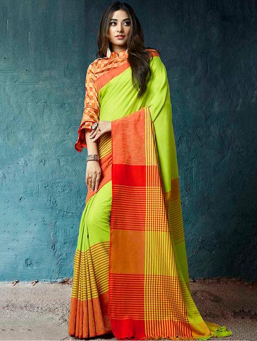 linen stripes bordered saree with blouse - 15645082 - Very Small Image - 1