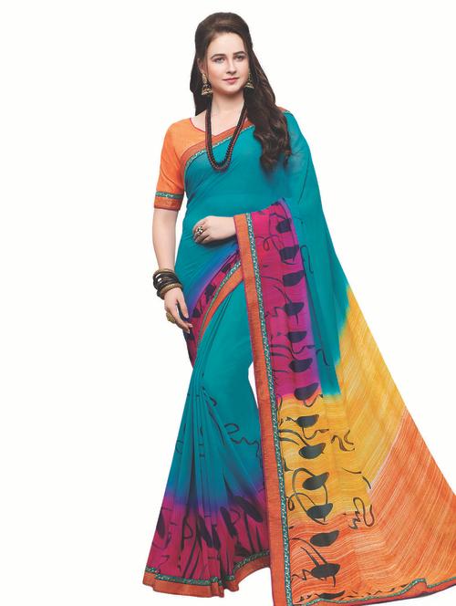 contrast bordered printed saree with blouse - 15647686 - Very Small Image - 1