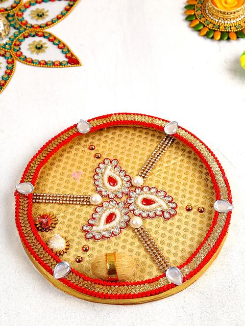 aapno rajasthan beautiful kundan studded paisley design pooja thali - 15649525 - Very Small Image - 1