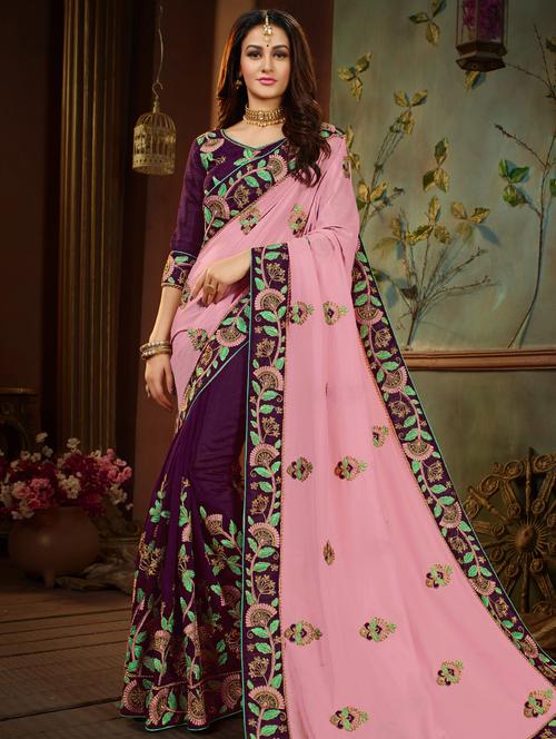 floral embroidered half & half saree with blouse - 15650441 - Very Small Image - 1
