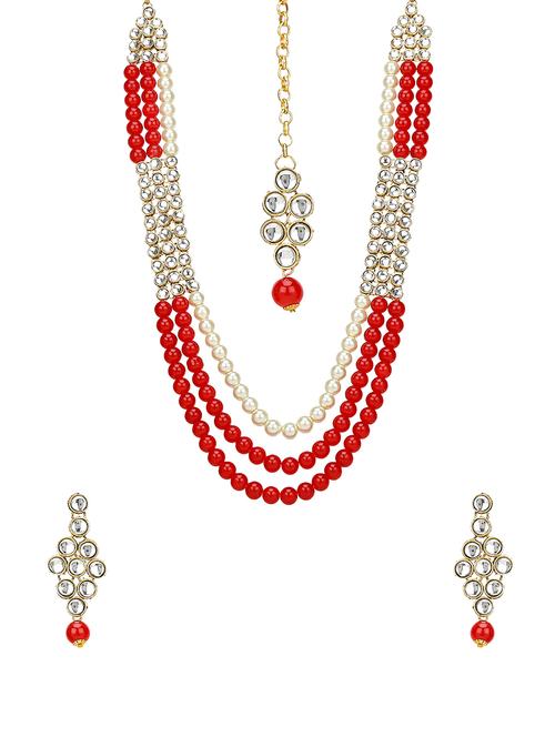 red gold tone necklace, earrings & maangteeka set - 15651108 - Very Small Image - 1
