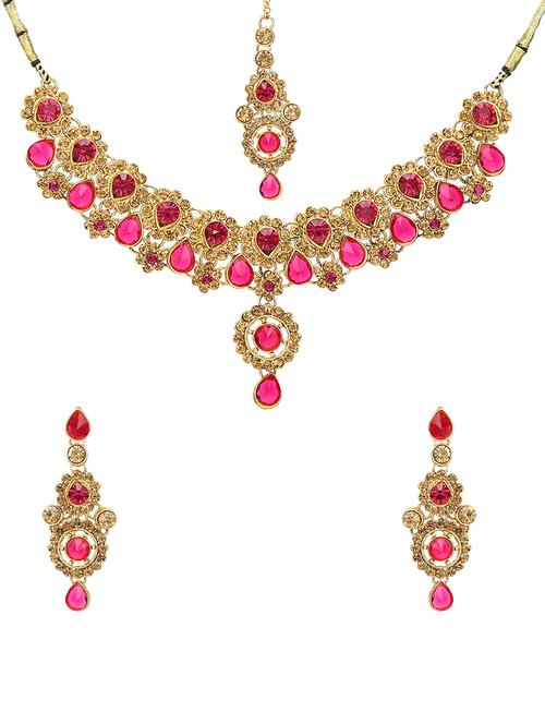 pink gold tone necklace, earrings & maangteeka set - 15651109 - Very Small Image - 1