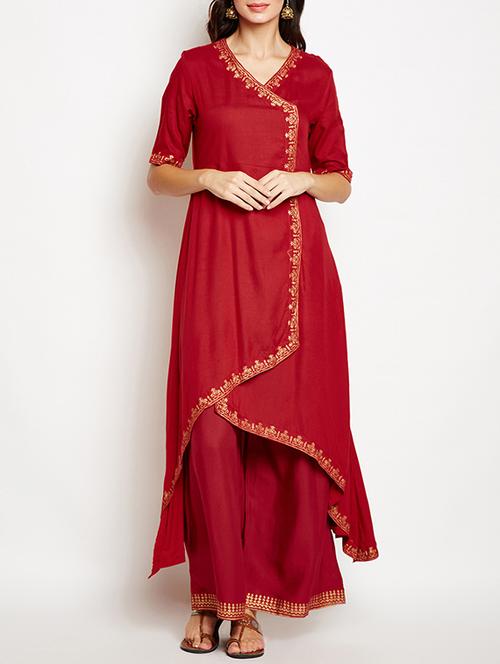 foil printed high-low kurta with palazzo set - 15657074 - Very Small Image - 1