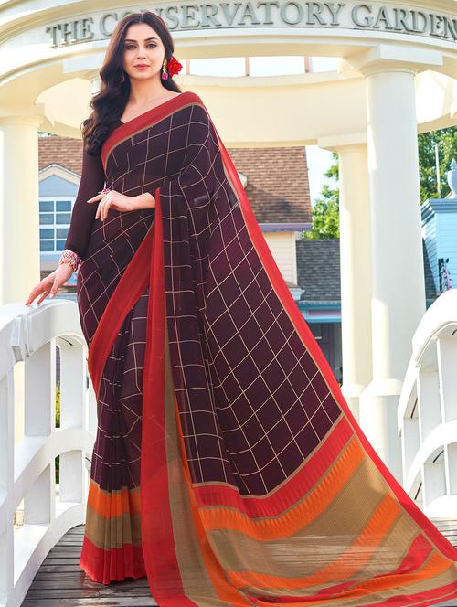 checkered printed saree with blouse - 15659109 - Very Small Image - 1
