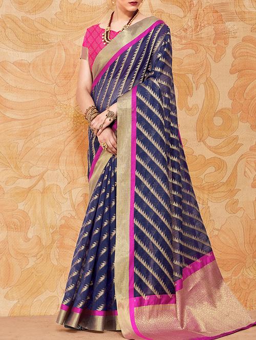 chevron zari motif banarasi saree with blouse - 15669513 - Very Small Image - 1