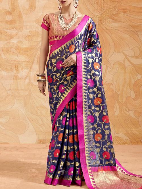 floral zari motif banarasi saree with blouse - 15669517 - Very Small Image - 1