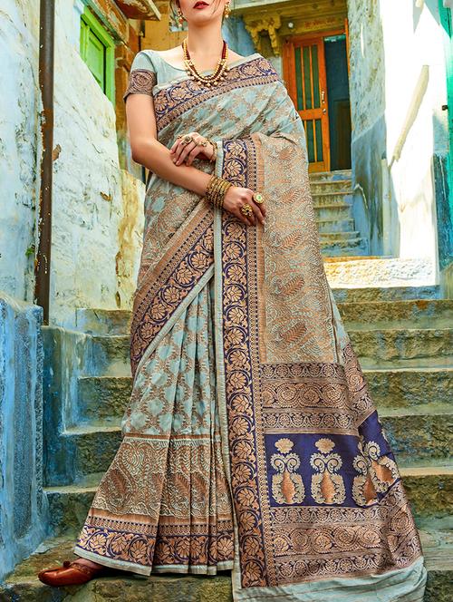 paisley zari border banarasi saree with blouse - 15669536 - Very Small Image - 1