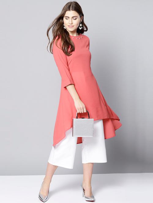 rust solid high low kurta - 15669673 - Very Small Image - 1