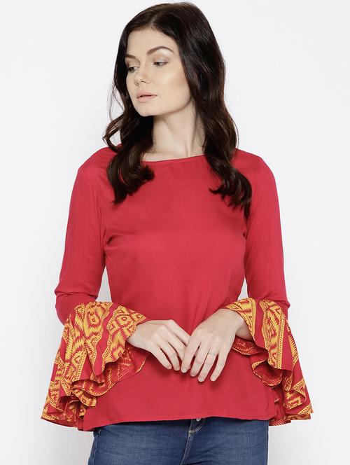 ikat printed bell sleeve boat neck top - 15669760 - Very Small Image - 1