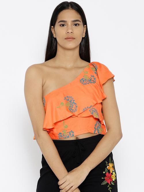 one shoulder ruffle printed crop top - 15669763 - Very Small Image - 1