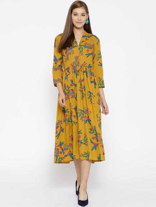 yellow viscose fit & flare dress - 15669779 - Very Small Image - 1