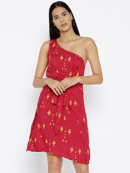 one shoulder overlap cross tie printed dress - 15670217 - Very Small Image - 1