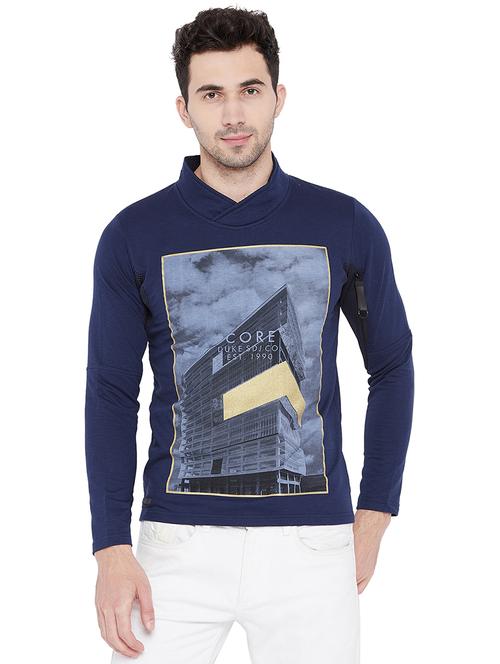 navy blue cotton front print t-shirt - 15670435 - Very Small Image - 1