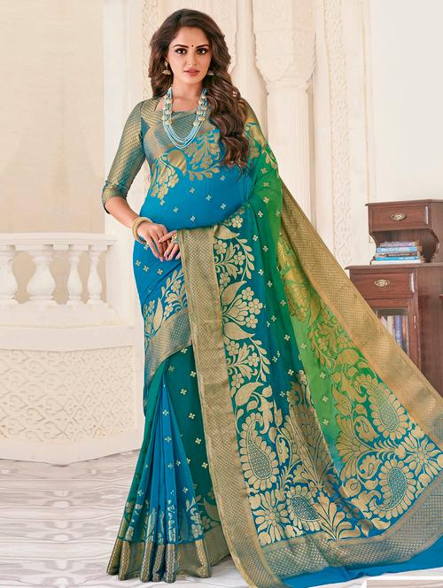 floral zari motif woven saree with blouse - 15672060 - Very Small Image - 1