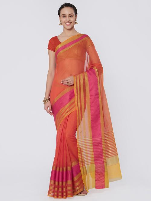 women's bordered orange colored saree with blouse - 15676082 - Very Small Image - 1