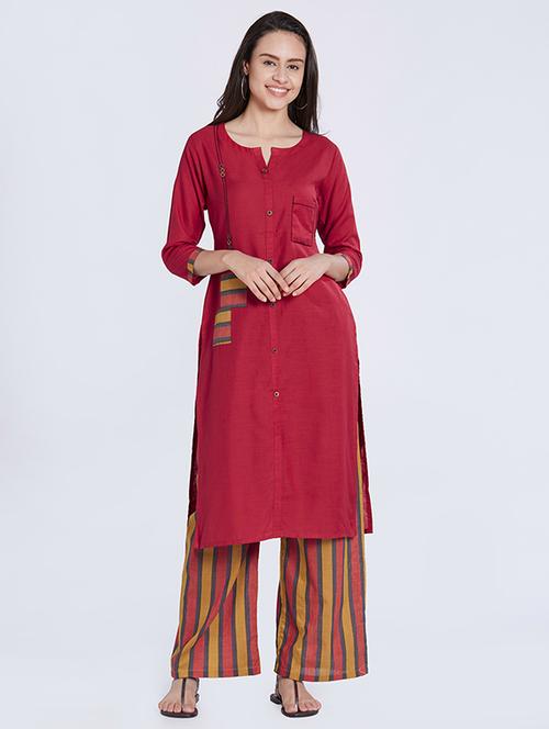 patch pocket buttoned detail kurta with palazzo set - 15677371 - Very Small Image - 1