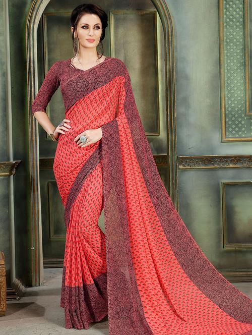 floral peach printed saree with blouse - 15677649 - Very Small Image - 1