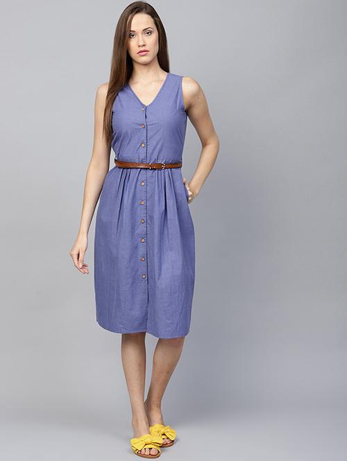 v neck button up belted dress - 15679013 - Very Small Image - 1