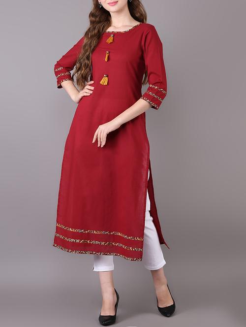 candy red straight kurta with tassels - 15680410 - Very Small Image - 1