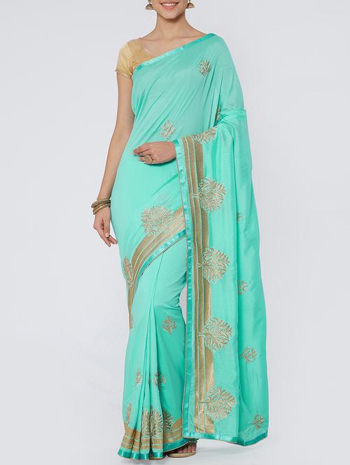 thread embroidered turquoise saree with blouse - 15681087 - Very Small Image - 1