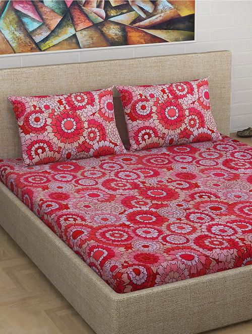 100% cotton floral 240 tc premium 1 pc double bedsheet with 2 pillow covers , red - 15691709 - Very Small Image - 1