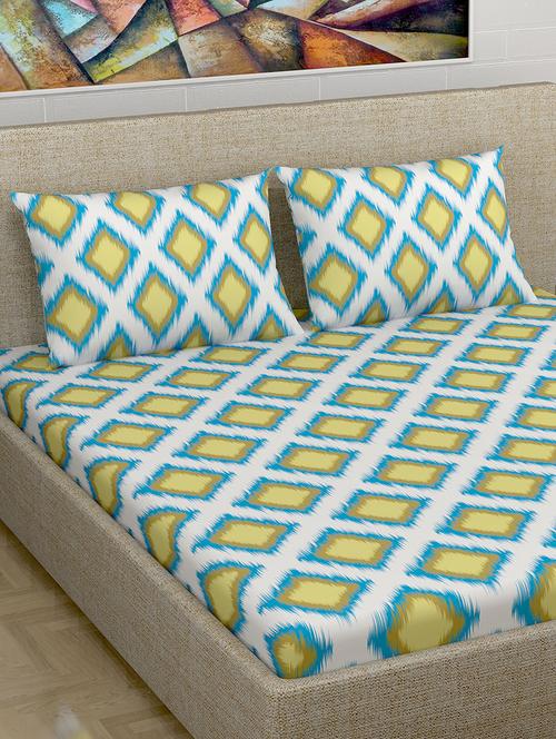 100% cotton geometric 240 tc premium 1 pc double bedsheet with 2 pillow covers , yellow - 15691714 - Very Small Image - 1