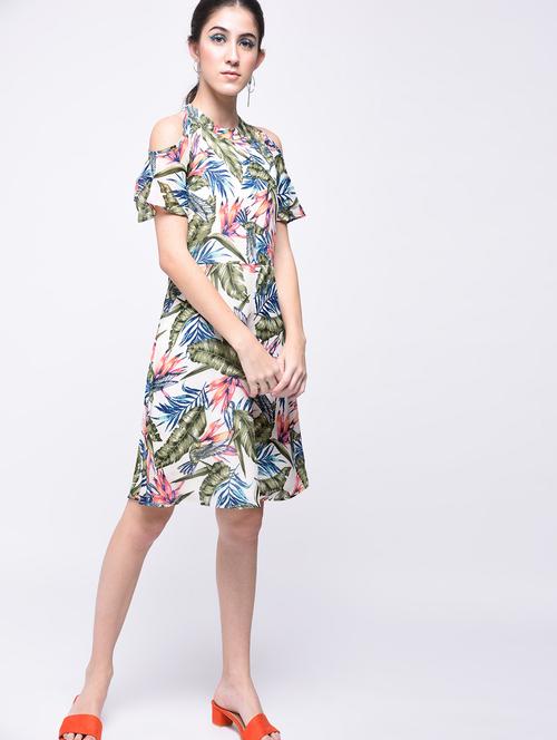 cold shoulder tropical print a-line dress - 15691990 - Very Small Image - 1