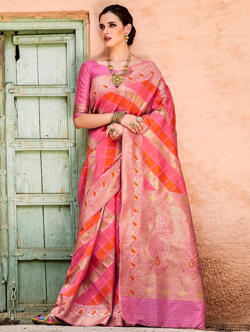 checkered zari motif banarasi saree with blouse - 15692596 - Very Small Image - 1