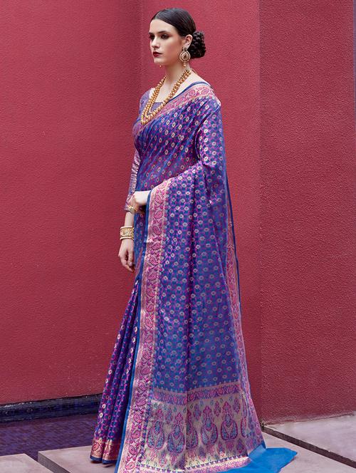 floral zari motif banarasi saree with blouse - 15692605 - Very Small Image - 1