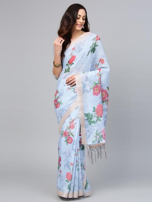 floral digital printed linen saree with blouse - 15694885 - Very Small Image - 1