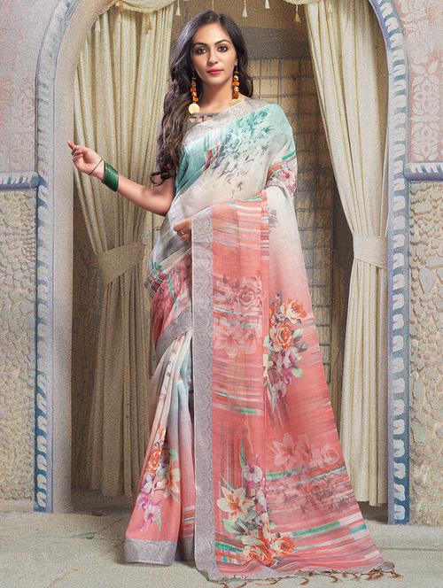 floral digital printed linen saree with blouse - 15694890 - Very Small Image - 1