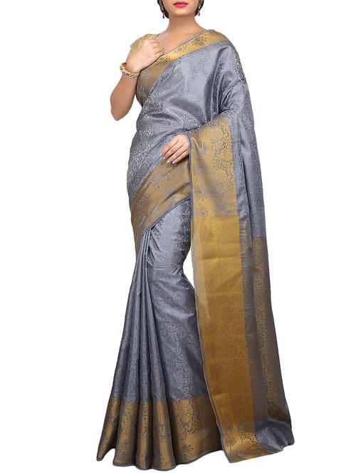 cloud grey kanjivaram saree with blouse - 15696245 - Very Small Image - 1