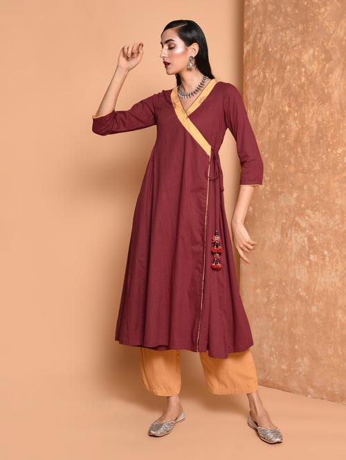 burgundy angrakha kurta with tassels - 15699466 - Very Small Image - 1