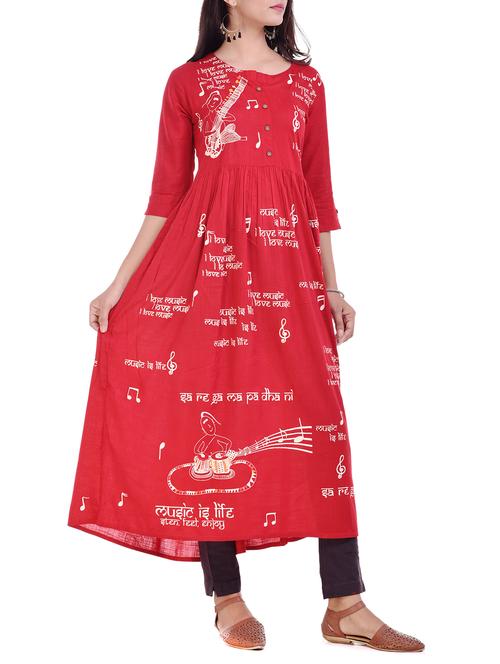 Red Typography flared kurta - 15701557 - Very Small Image - 1