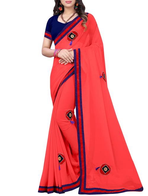 applique embroidered coral red saree with blouse - 15705309 - Very Small Image - 1
