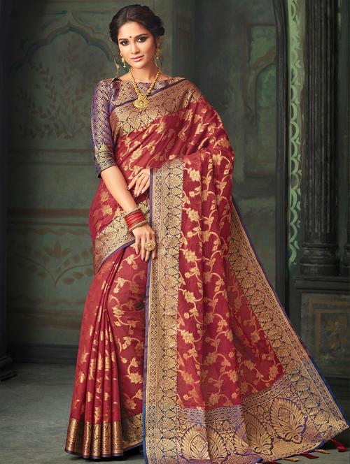 floral zari motif woven saree with blouse - 15706884 - Very Small Image - 1